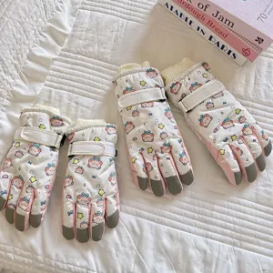 Cute bear pattern winter ski gloves detail, touch screen plush warm outdoor kids gloves