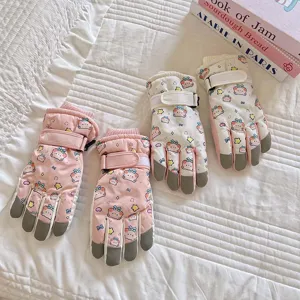 Detailed view of cute cartoon bear winter ski gloves, fleece lined warm touch screen.