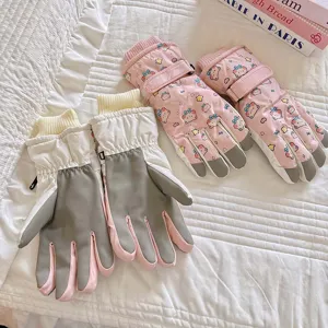 Winter warm ski gloves for kids and adults with cute bear print, thick fleece thermal design.