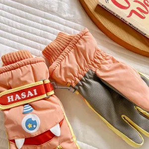 Kids waterproof ski gloves winter warm thermal gloves with cute monster design detail view