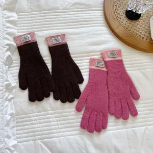 Thickened color block knitted gloves with contrast ribbed cuffs, cozy autumn winter warmth.