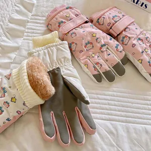 Detail shot of winter ski gloves, cute cartoon bear pattern, thick plush lining, warm and cozy.