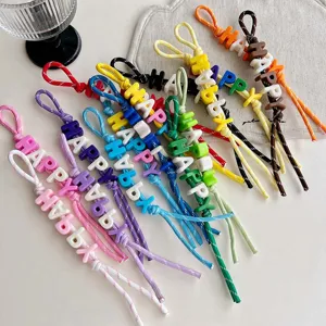 Colorful beaded lanyard dopamine woven keychain cute bag charm phone strap accessory