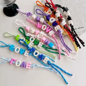Dopamine acrylic letter bead braided rope bag charm, colorful charm detail showcasing unique styles.