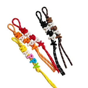 Colorful alphabet beaded lanyard, cute dopamine braided keychain and bag charm accessory for daily use.