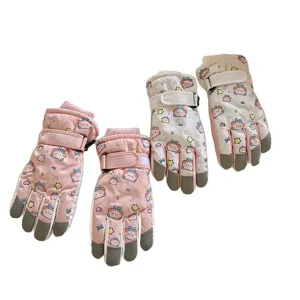 Kids Winter Cute Bear Ski Gloves Thickened Warm Touchscreen Five-Finger Snowboard Gloves