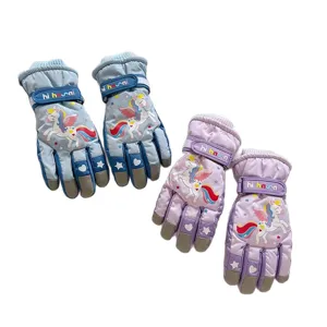 Kids winter ski gloves waterproof fleece lined cute unicorn cartoon thermal gloves for girls