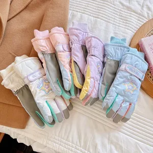 Cute five star winter ski touchscreen gloves for women and kids, thickened thermal windproof.