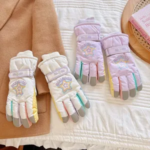 Children thickened windproof ski gloves with touchscreen fingertips and cute star details.