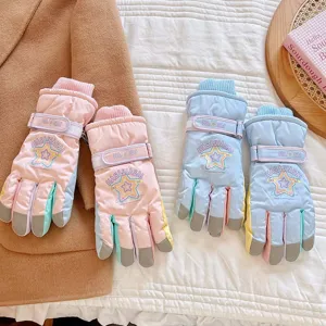 Winter cute five-star ski touch screen gloves details showing warm thickened fleece lining.