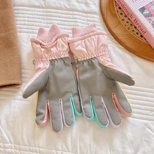 Winter thickened fleece warm windproof ski gloves for women, colorful touch screen design.