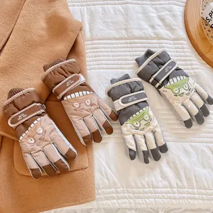 Kids waterproof ski gloves winter warm fleece lined cute cartoon outdoor sports gloves