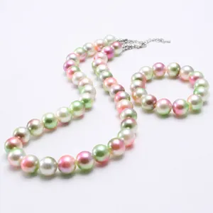 Children pastel gradient pearl necklace and bracelet set, cute colorful beaded jewelry.