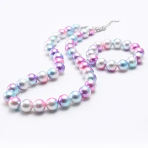 Cute kids pastel pearl necklace and bracelet set colorful beaded jewelry gift for girls