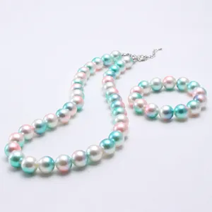Kids iridescent pearl necklace and bracelet set, colorful beaded jewelry gift for girls.