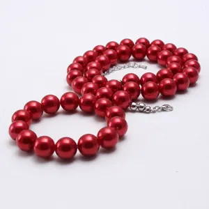 Red pearl beaded necklace and bracelet set for kids, stylish DIY jewelry accessory.