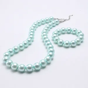 Light blue artificial pearl necklace bracelet set stylish kids jewelry cute accessory