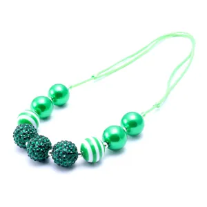 Children green rhinestone ball beaded necklace cute adjustable cord jewelry gift for girls