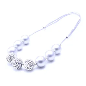 Kids chunky beaded necklace silver rhinestone disco balls adjustable cord cute jewelry detail shot