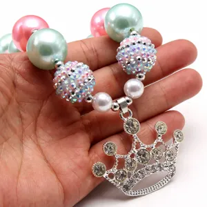 Children rhinestone crown pendant necklace with colorful pearls and sparkling disco balls for girls.