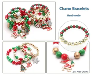 Christmas charm bracelet set for kids, red green pearl beaded bracelets with alloy pendants.