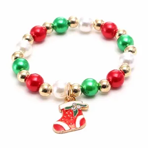 Children Christmas beaded bracelet with red white green pearls and cute stocking pendant gift.