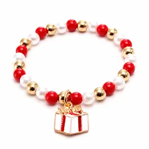 Children Christmas beaded bracelet with gift box pendant red white pearl kids jewelry gift