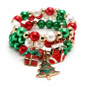 Kids Christmas Beaded Bracelet Children Holiday Party Acrylic Pearl Pendant Bracelet Cute Festive Cartoon Jewelry Gift