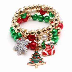 Christmas beaded bracelet set with cute charms like tree, snowflake and stocking for kids.