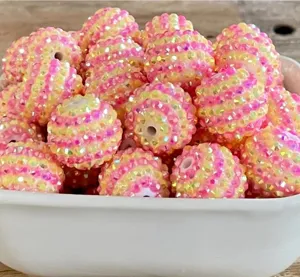 16-22MM resin rhinestone chunky beads, rose red and light yellow AB striped DIY jewelry making.