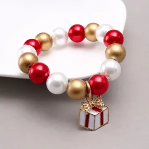 Kids Christmas beaded bracelet with pearl beads and gift box pendant, cute holiday jewelry.