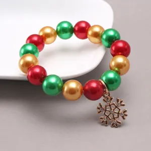 Christmas kids pearl beaded bracelet with gold snowflake pendant festive wrist jewelry design
