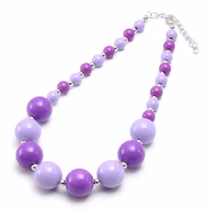 Kids chunky purple acrylic statement necklace with silver beads and adjustable extension chain.