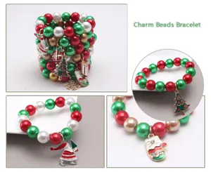 Christmas charm beads bracelet for kids, festive red green pearl jewelry gift set!
