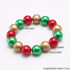 Kinder Weihnachten Perlenarmband mit roten gruenen goldenen ABS Perlen elastisch 15cm
