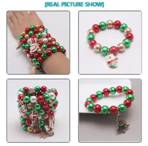 Christmas children pearl beaded bracelet festive charms red green gold cute jewelry set