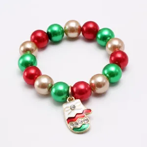 Christmas children beaded bracelet with cute enamel mitten pendant and colorful ABS pearls.