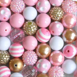 Detailed view of DIY acrylic chunky beads mix, colorful polka dot and rhinestone designs.