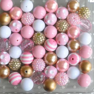 DIY Acrylic Chunky Beads Mixed Color Gold Tone Polka Dot Stripe Craft Beads Bulk Set For Jewelry Making