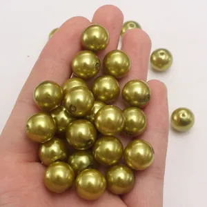 Olijfgele ABS kunststof imitatie parel kralen, ronde losse DIY kralen voor sieraden.