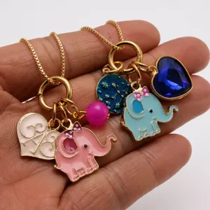 Kids cute elephant charms necklace detail shot showing colorful enamel alloy pendants and box chain.