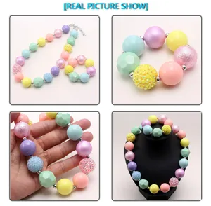 Colorful macaron kids bead necklace and bracelet set, cute chunky jewelry for girls.