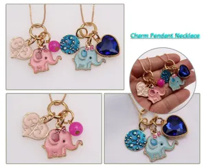 Cute elephant charm pendant necklace with heart and crystal, perfect sweet jewelry gift for girls.