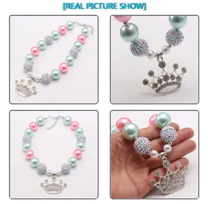 Kids rhinestone crown pendant beaded necklace cute pearl princess jewelry for little girls