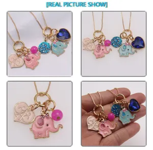 Cute children elephant heart pendant necklace set with colorful enamel charms and gold chain
