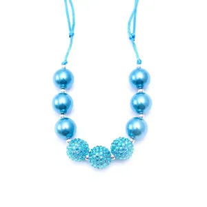Kids rhinestone resin ball necklace with adjustable blue rope for daily fashionwear.
