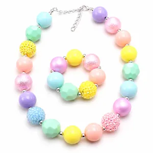Children Macaron Color Beaded Necklace Bracelet Set Handmade Plastic Resin Cute Jewelry Gift For Little Girls