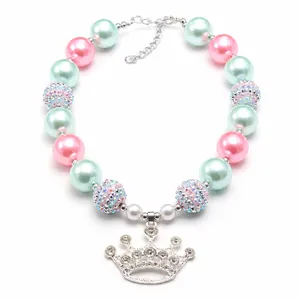 Kids Children Princess Crown Pendant Necklace Artificial Pearl Rhinestone Beaded Chandelier Necklace Girls Jewelry Gift