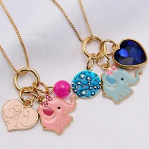 Children Alloy Enamel Elephant Heart Rhinestone Pendant Box Chain Necklace Cute Little Girls Fashion Jewelry