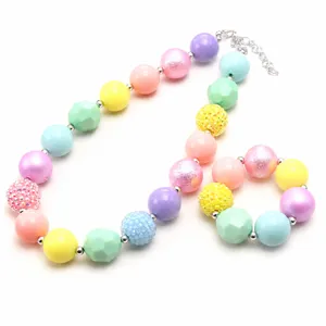 Macaron Color Kids Beaded Necklace Bracelet Set Chunky Pastel Jewelry for Little Girls